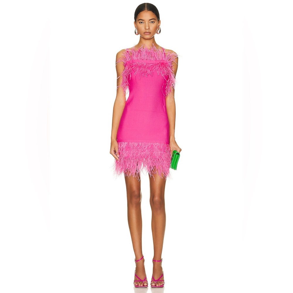 NWT Staud Etta Mini Dress Pink Size XS Ostrich Feather-Trim Stretch-Knit